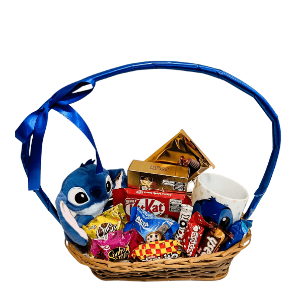 cesta de chocolate com uma pelucia stitch para presentear