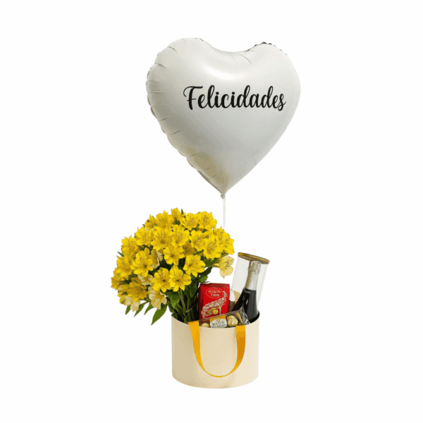 Cachepot com buque de flores, chocolate, espumante e balão para presentear em aniversario