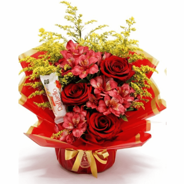 arranjo de rosas vermelhas com astromelias vermelhas e rafaello para presentear quem você ama