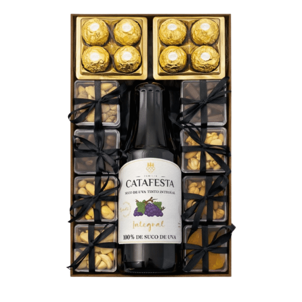 box gourmet luxo com bombons ferrero, aperitivos e suco de uva, para presentear com elegancia.