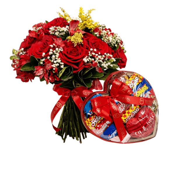 buque de rosas vermelhas importadas com chocolates para presentear em datas romanticas ou aniversários