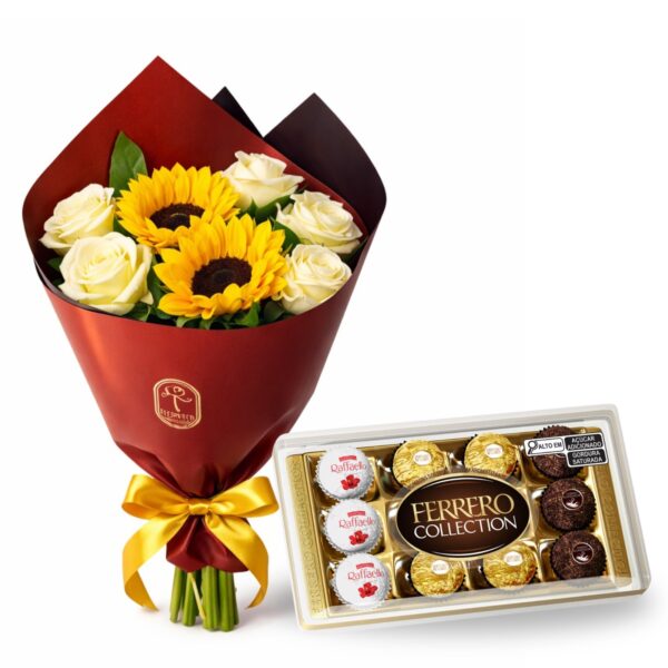 buque de rosas e girassois com bombom