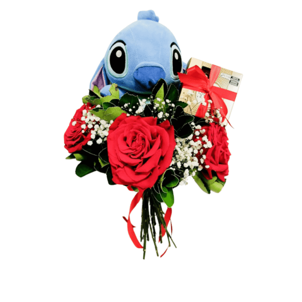 buque de rosas vermelhas com astromelias e bombons ferrero rocher para presentear em datas romanticas e aniversarios