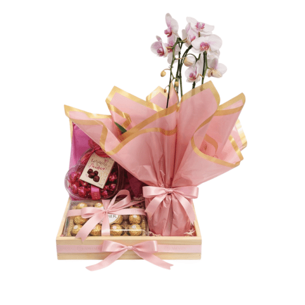 cesta romantica com chocolates e orquidea para presentear esposa ou namorada